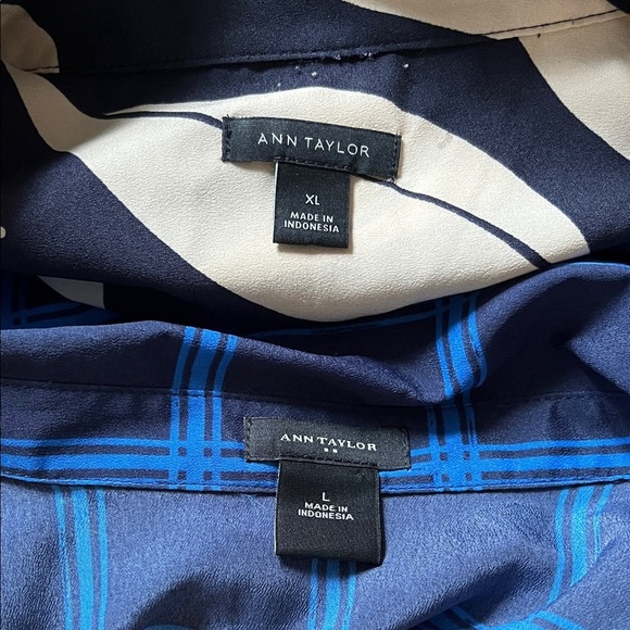 BUNDLE - Ann Taylor Navy Plaid (L) and Abstract Leaf Print (XL) Career Blouses - Picture 2 of 13